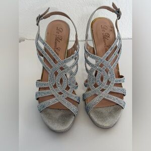 Rhinestone Glitter Teal Heels Size 7M Strappy Prom Wedding Shoes